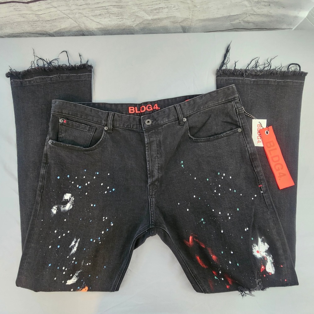 BLDG4. Testing Jean Flare Fit 42x35 Black Paint Splatter Raw Hem NWT $155 L667